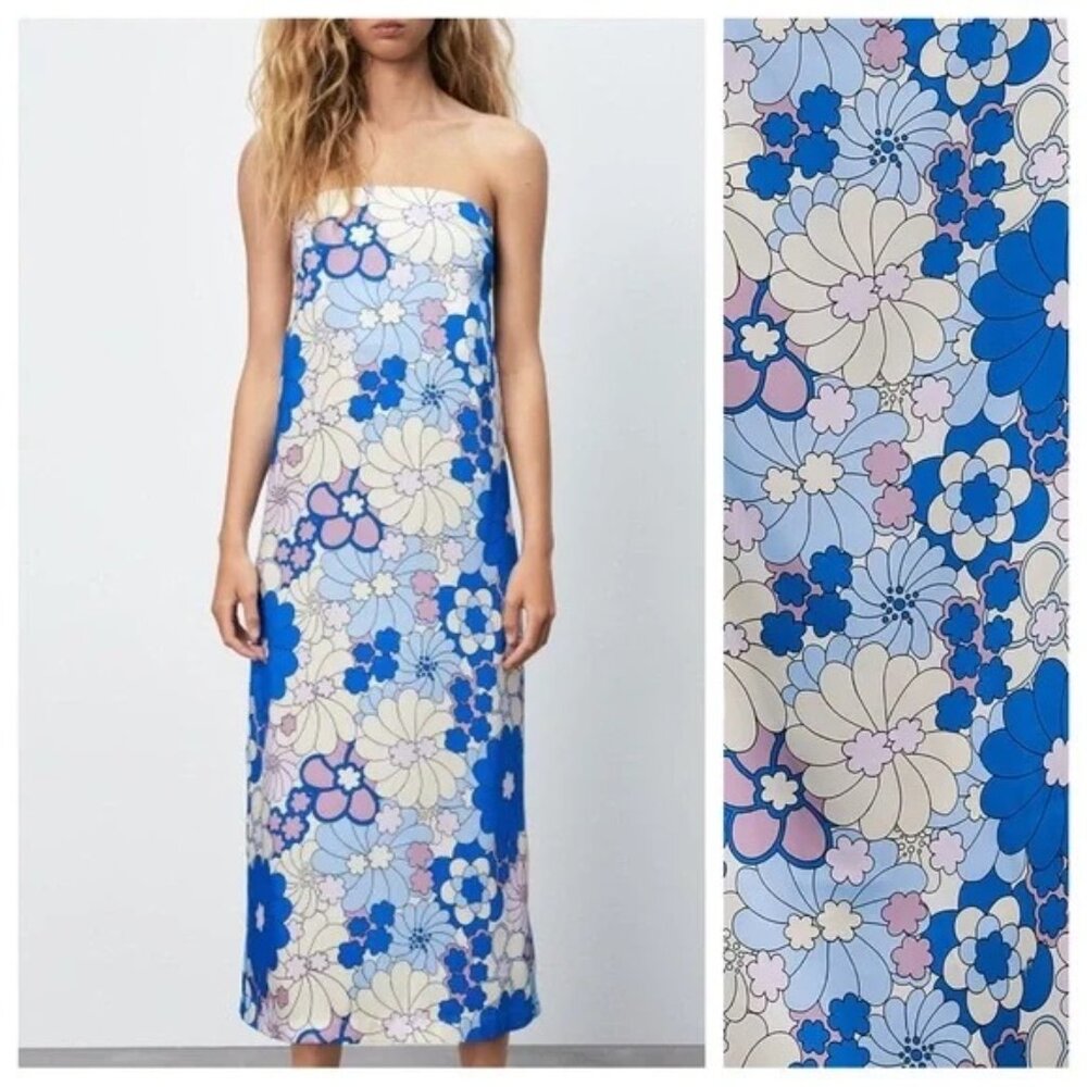 NEW Zara Retro Mod Floral Satin Effect Strapless Midi Dress Sz L - Picture 2 of 15